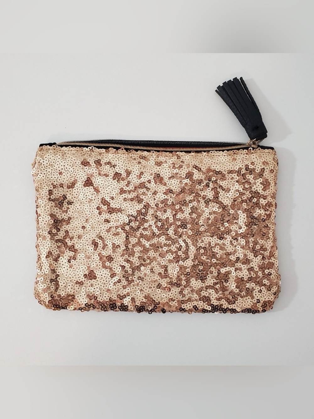 Ipsy Gold Sequin Black Faux Leather Tassel Makeup Bag Cosmetic Pouch Glam Clutch